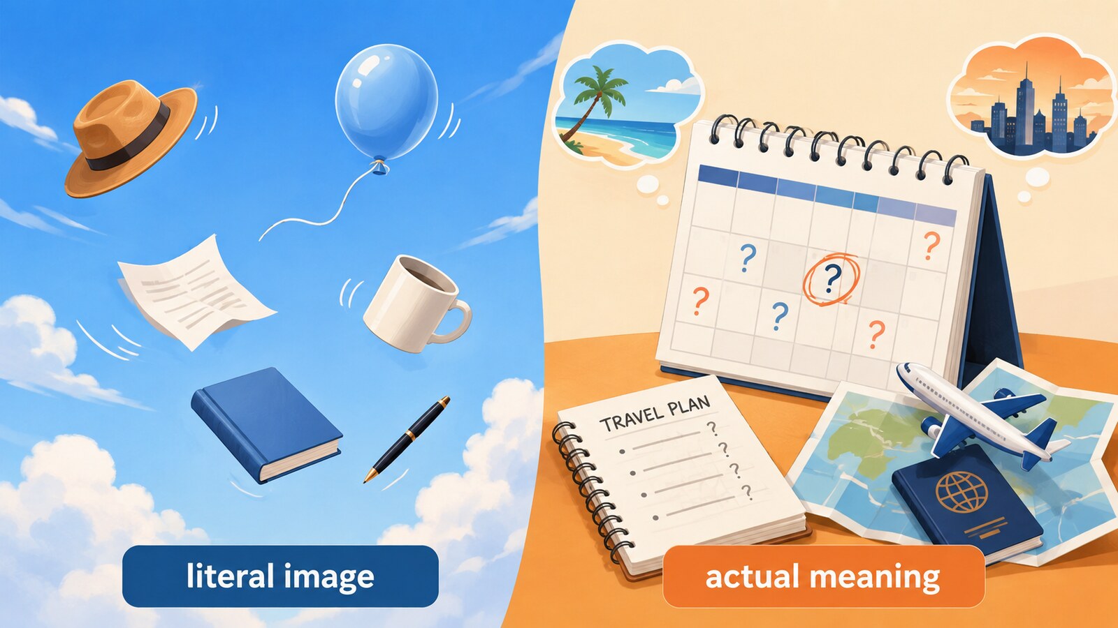 up in the airの直訳イメージと実際の意味を比較する解説イラスト