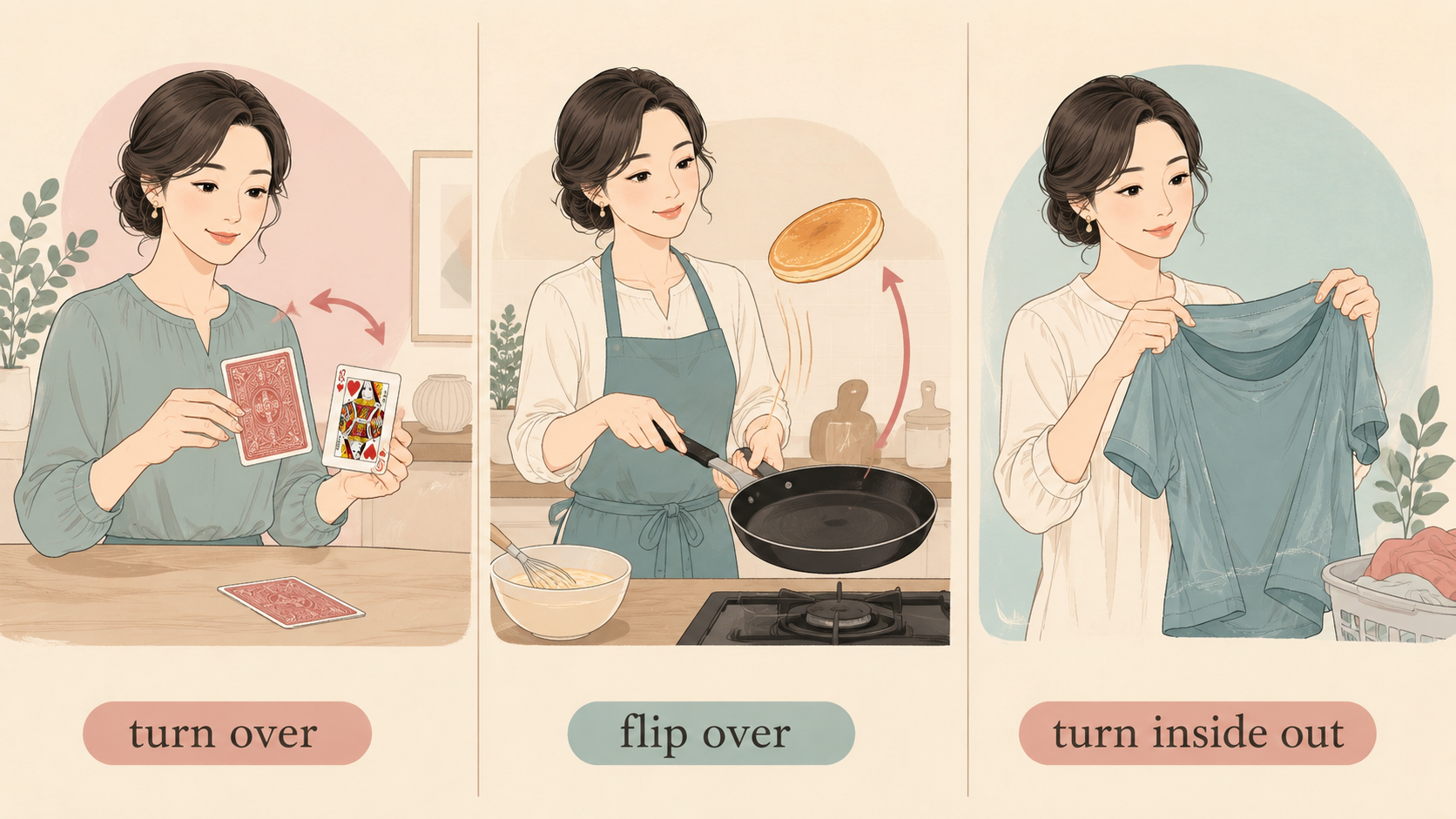 turn over・flip over・turn inside outの違いを示す比較イラスト