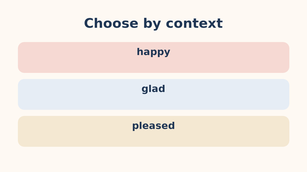happy・glad・pleasedの違いを示す比較図