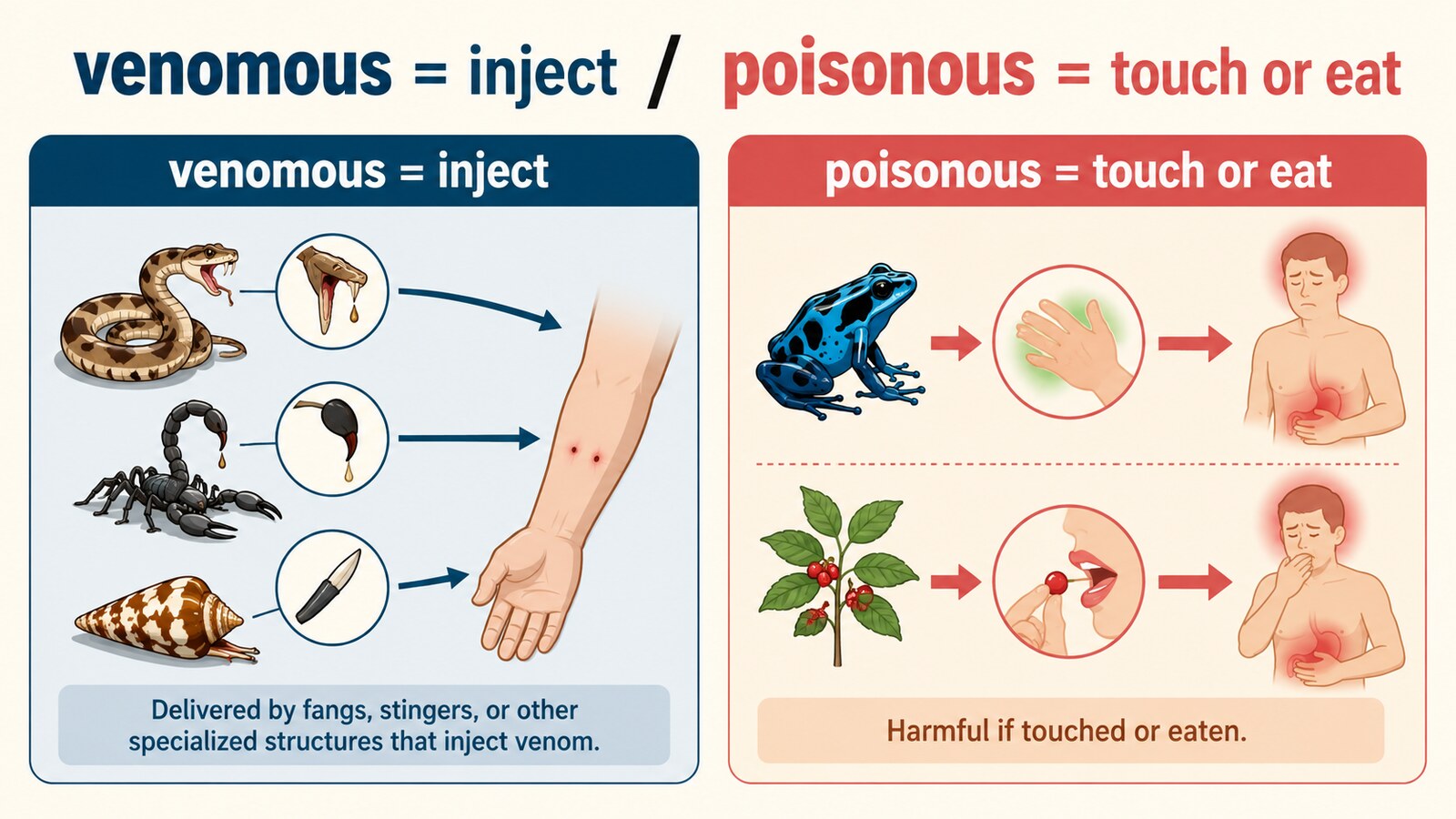 毒を注入するvenomousと接触・摂取するpoisonousの比較図