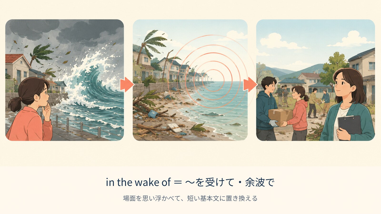 in the wake of の意味を示す解説イラスト