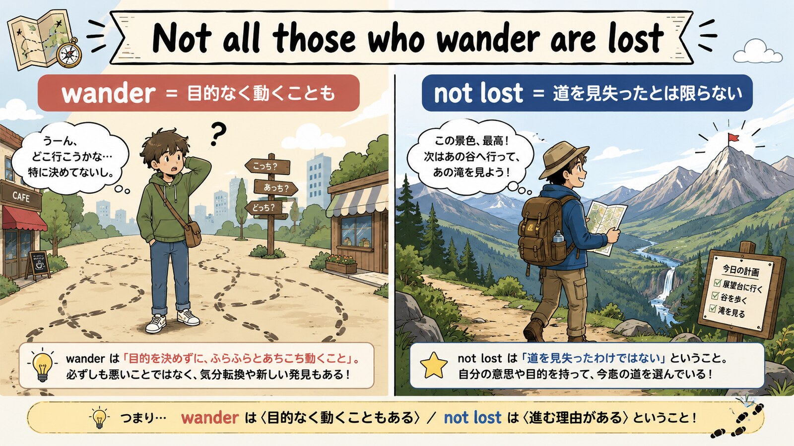 Not all those who wander are lostのニュアンスと使い分けを示す解説図