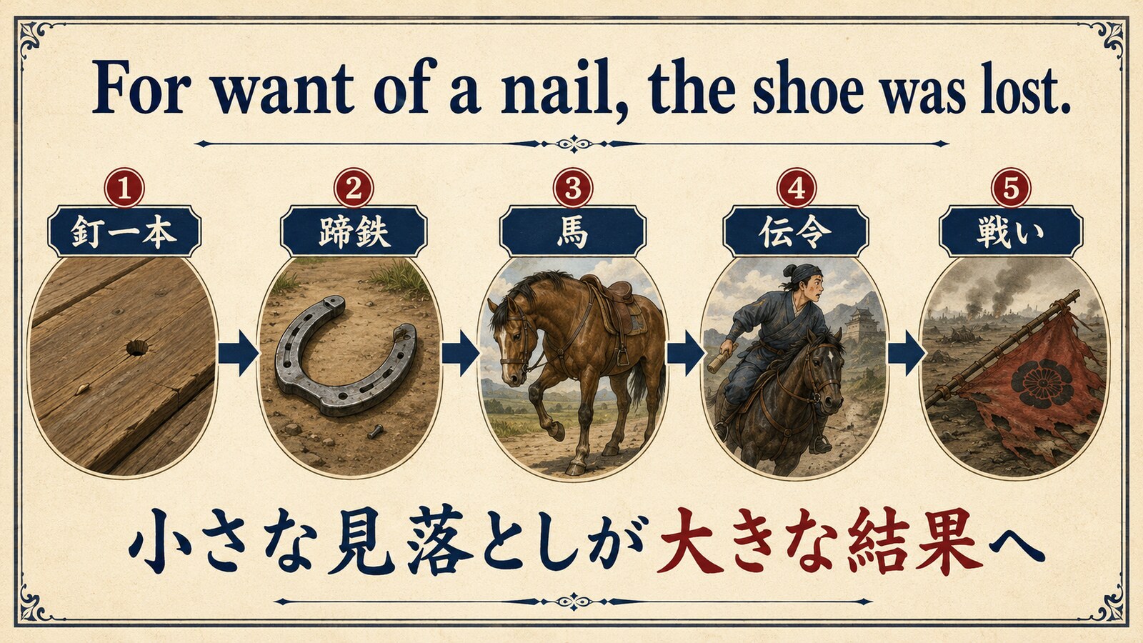 For want of a nail, the shoe was lostのニュアンスと意味の流れを説明する図解