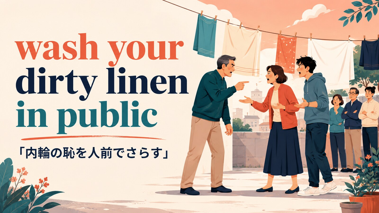 wash your dirty linen in publicの意味は？「内輪の恥をさらす」の使い方と例文