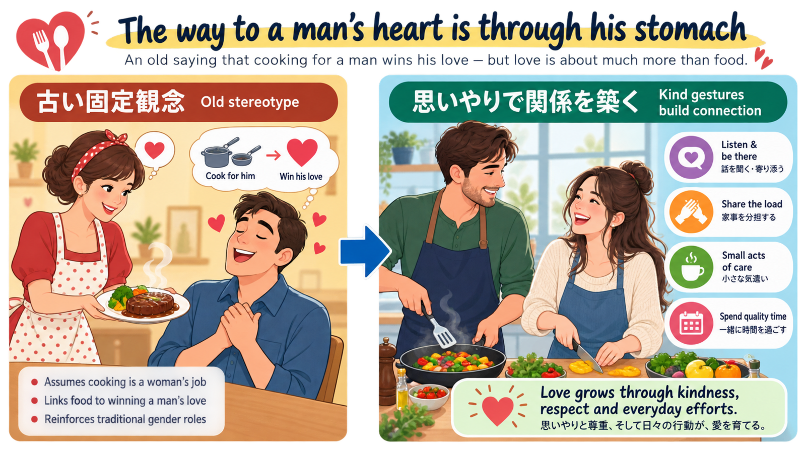 The way to a man's heart is through his stomachのニュアンスを図解