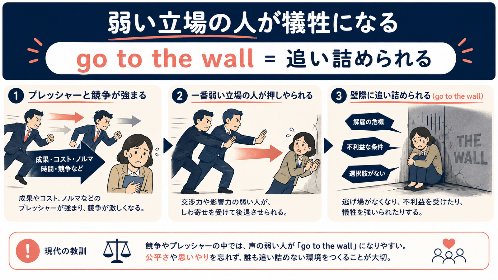 The weakest go to the wallの語句とニュアンスを整理した解説イラスト