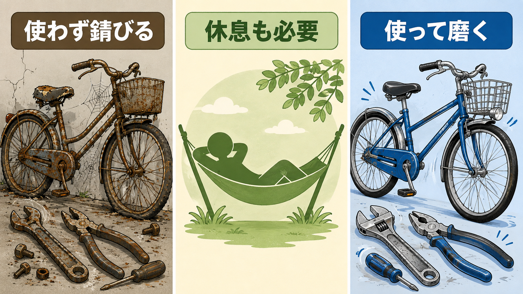 Better to wear out than rust outの直訳・比喩・実際の意味を比較する解説イラスト