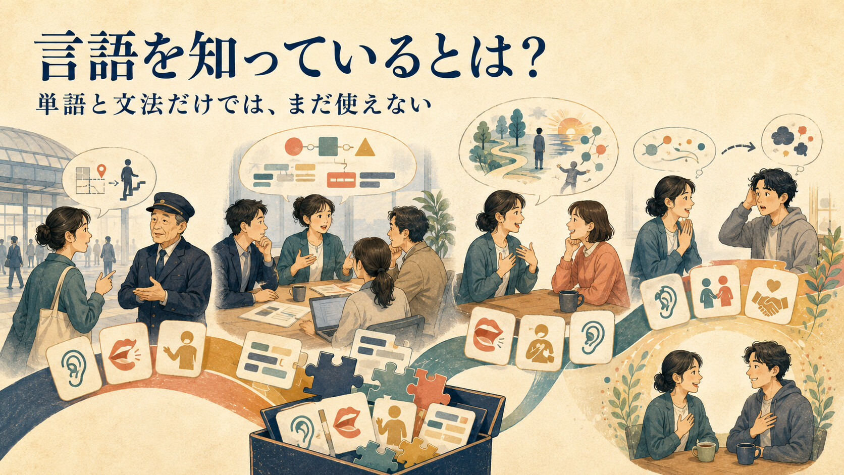 言語の知識を駅や仕事、友人との会話、誤解の修復で使う様子