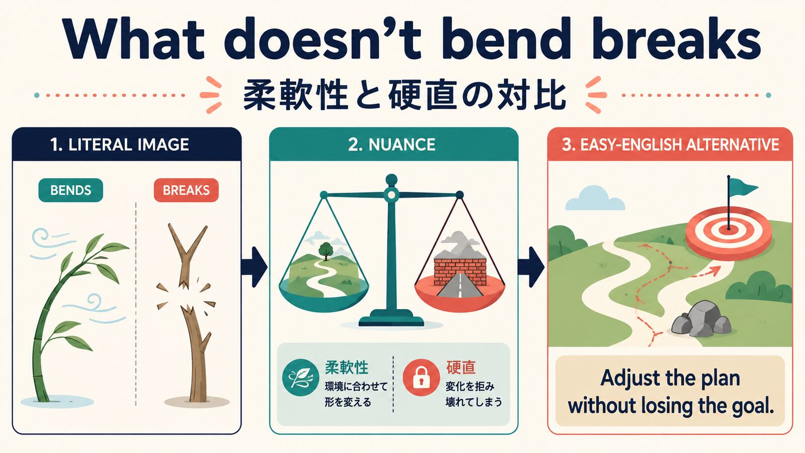 What doesn’t bend breaksの意味・使い方｜ニュアンス・例文・簡単な言い換え