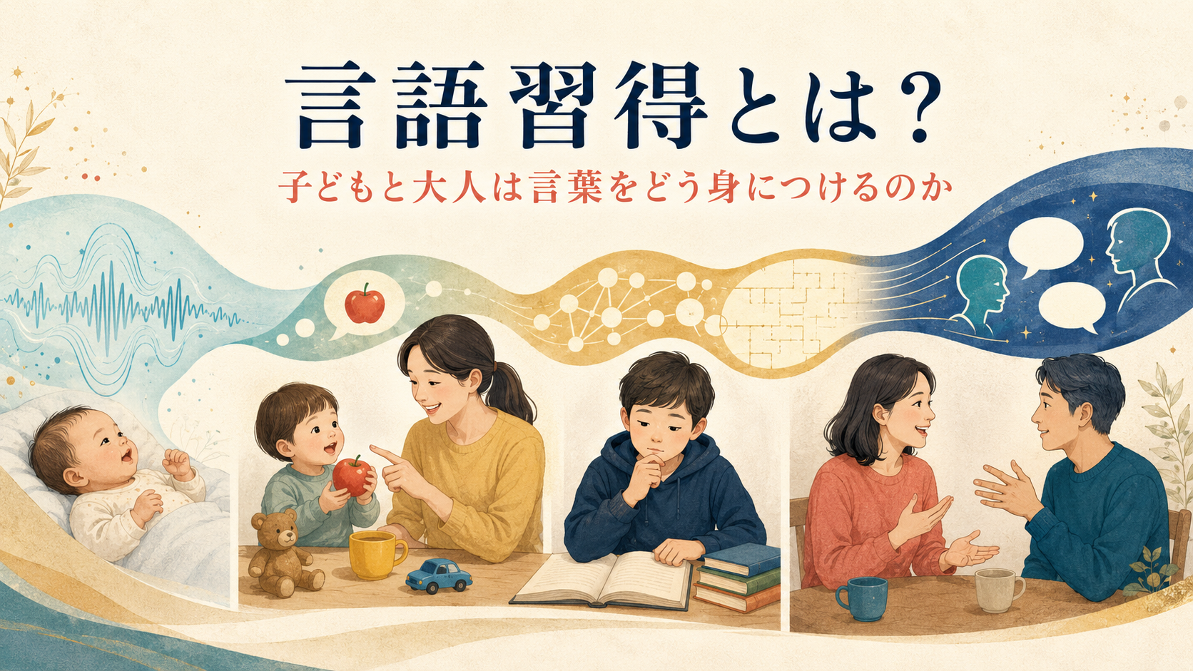 子どもから大人まで言葉を身につける過程を表す図