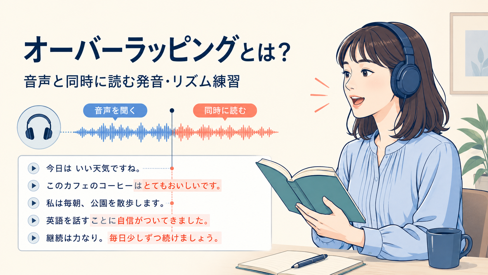 オーバーラッピングとは何かを示す英語学習イラスト