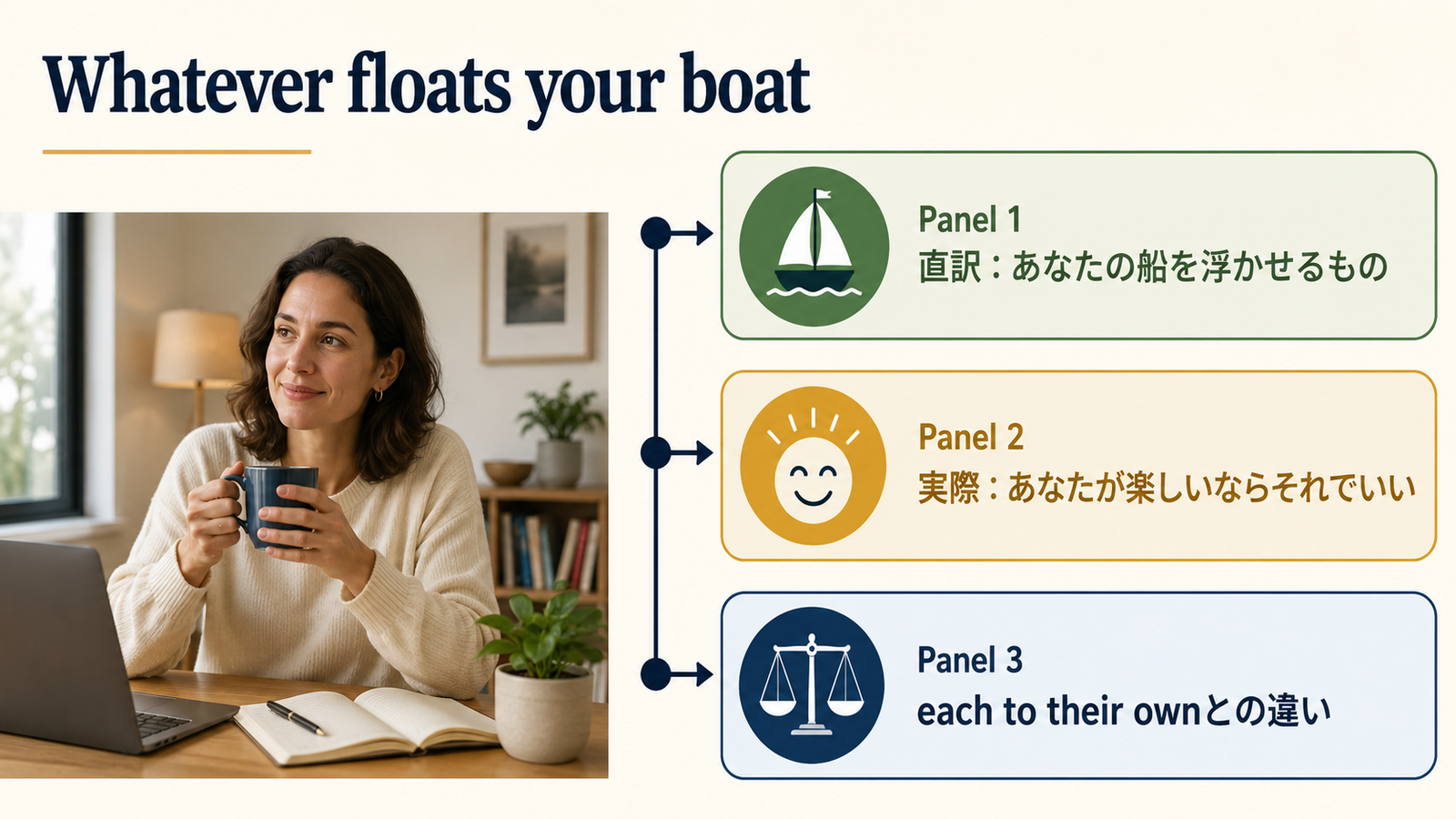 Whatever floats your boatの直訳・実際の意味・注意点を比較する解説図