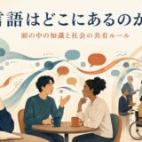 個人の頭の中、対話、共同体を通じて言語が存在する様子