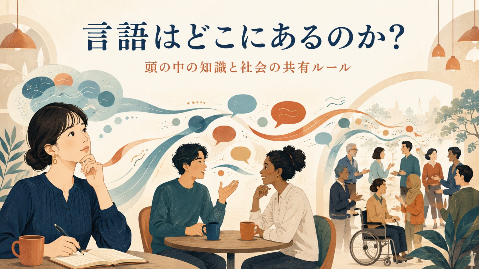 個人の頭の中、対話、共同体を通じて言語が存在する様子