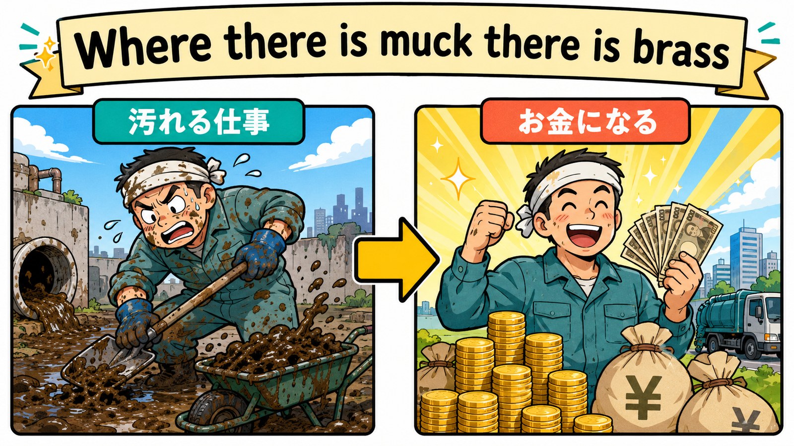 Where there is muck, there is brass.の直訳・実際の教訓・簡単な言い換えを比較した図
