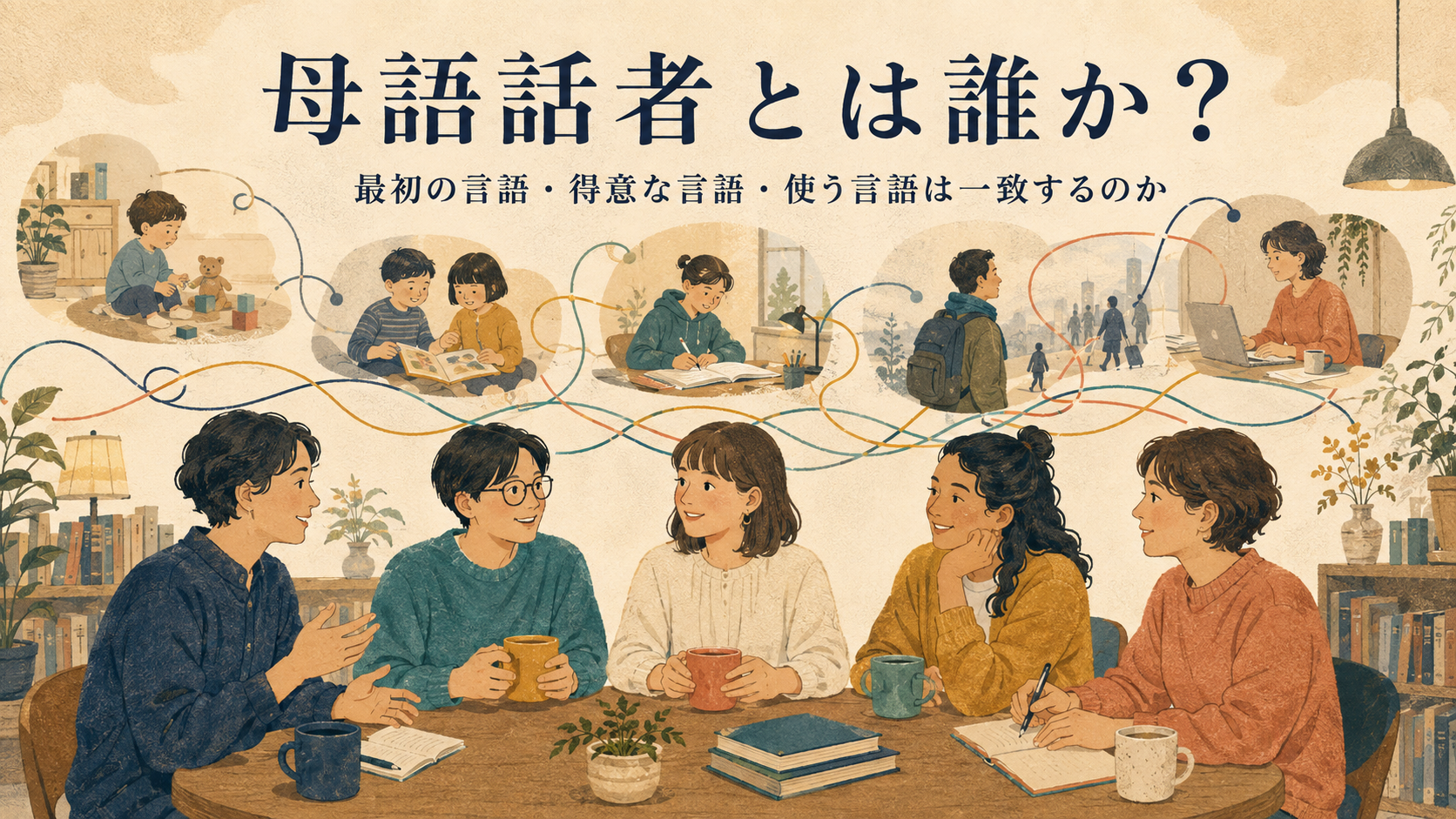 異なる言語経歴を持つ話者たちが円卓で対等に話す様子