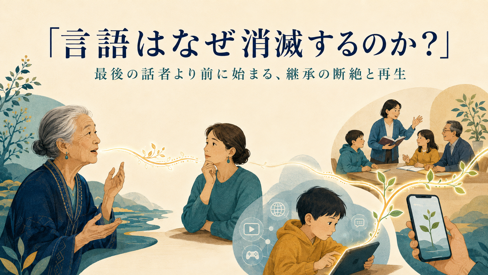 言語が三世代で継承され、断絶と再生へ向かう様子