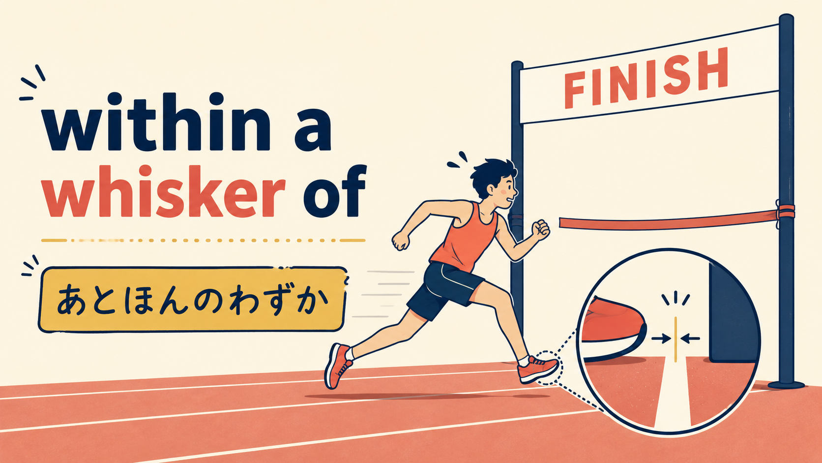within a whisker ofの語感と使い方を視覚的に示す解説イラスト