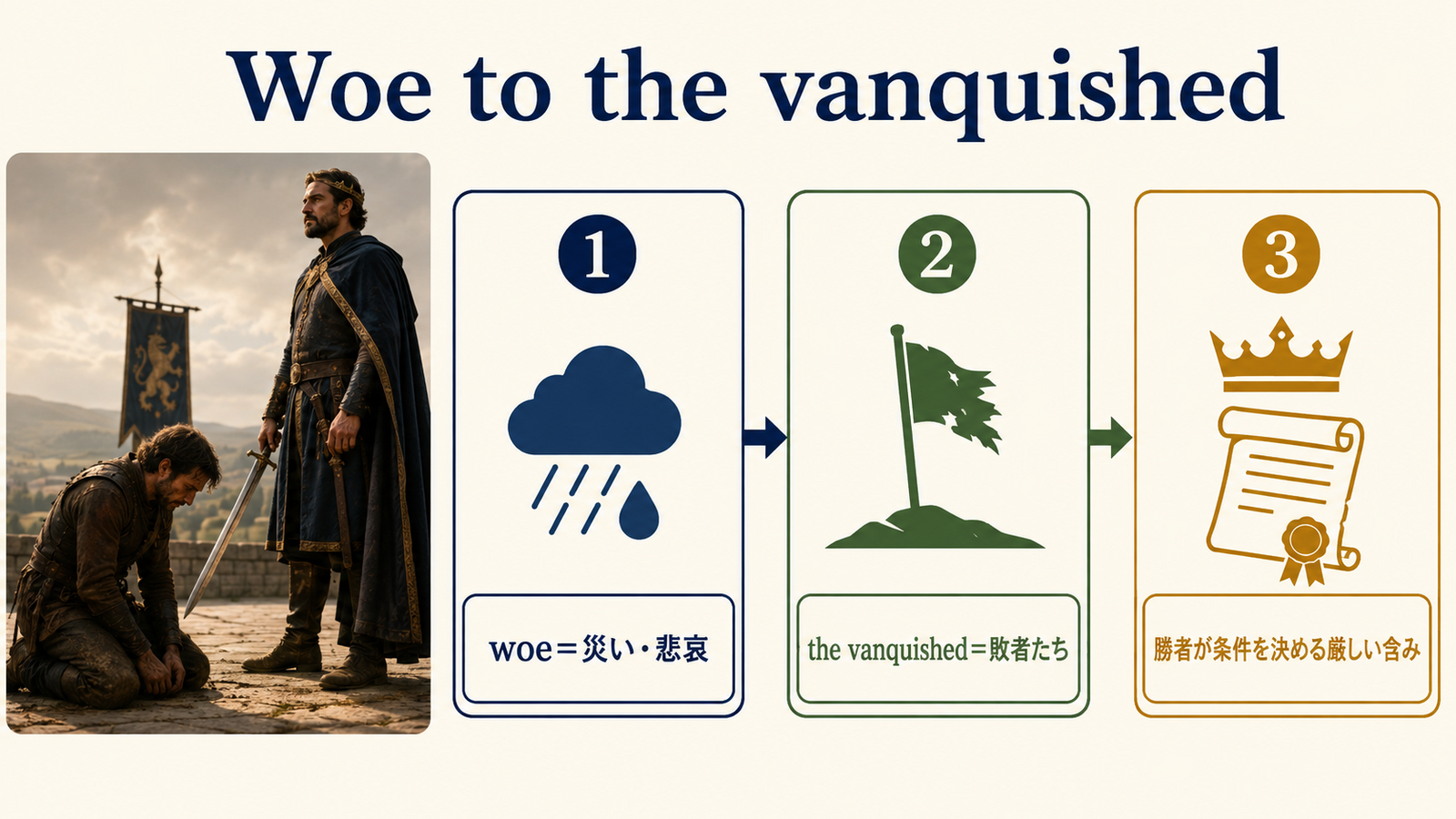 Woe to the vanquishedの直訳・実際の意味・注意点を比較する解説図