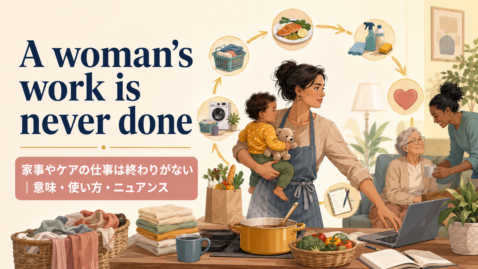 A woman's work is never doneの意味と使い方