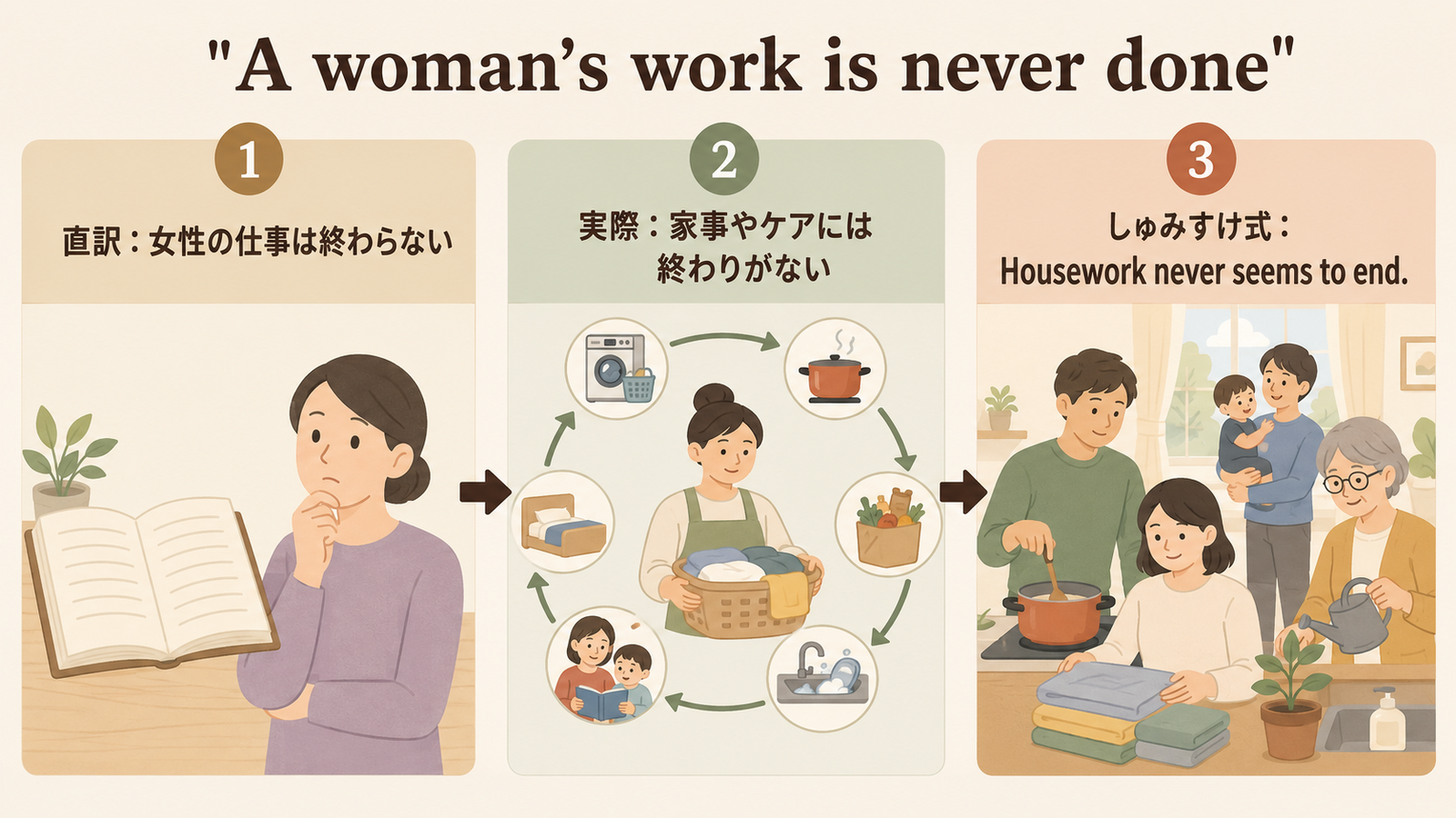 A woman’s work is never done の意味・使い方｜ニュアンスと例文を解説