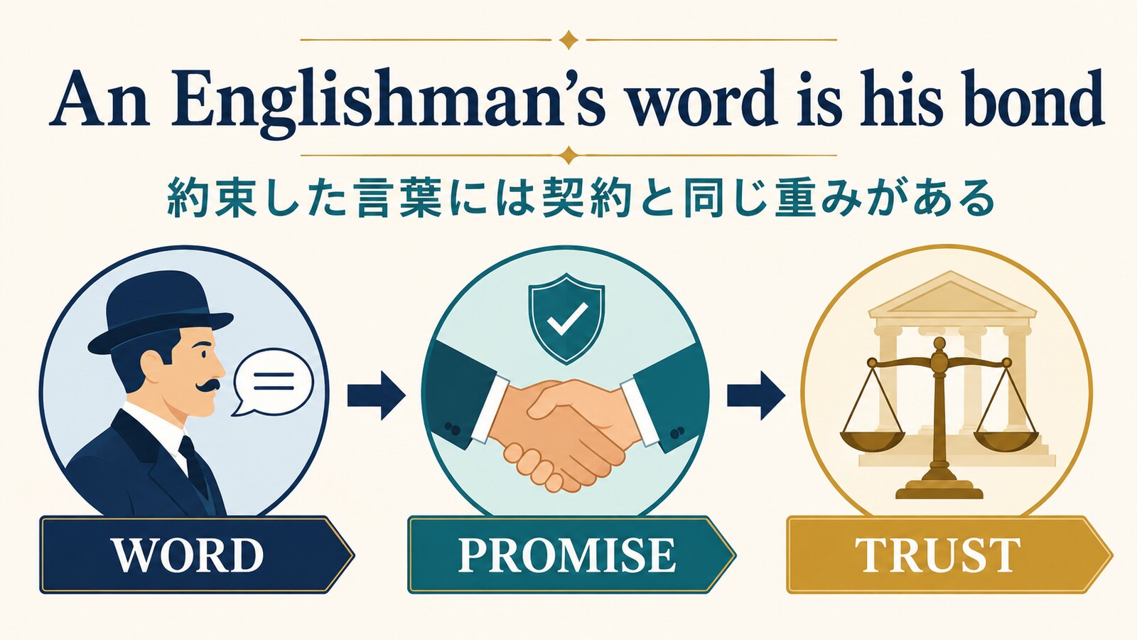 An Englishman’s word is his bondの直訳と実際のニュアンスを説明する図解