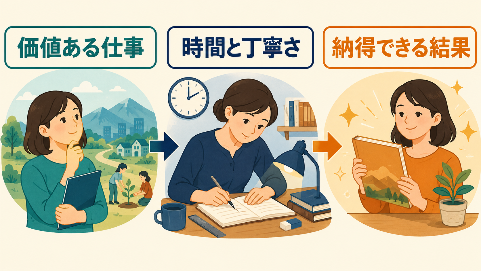 価値ある仕事を時間と丁寧さで納得できる結果にするイラスト