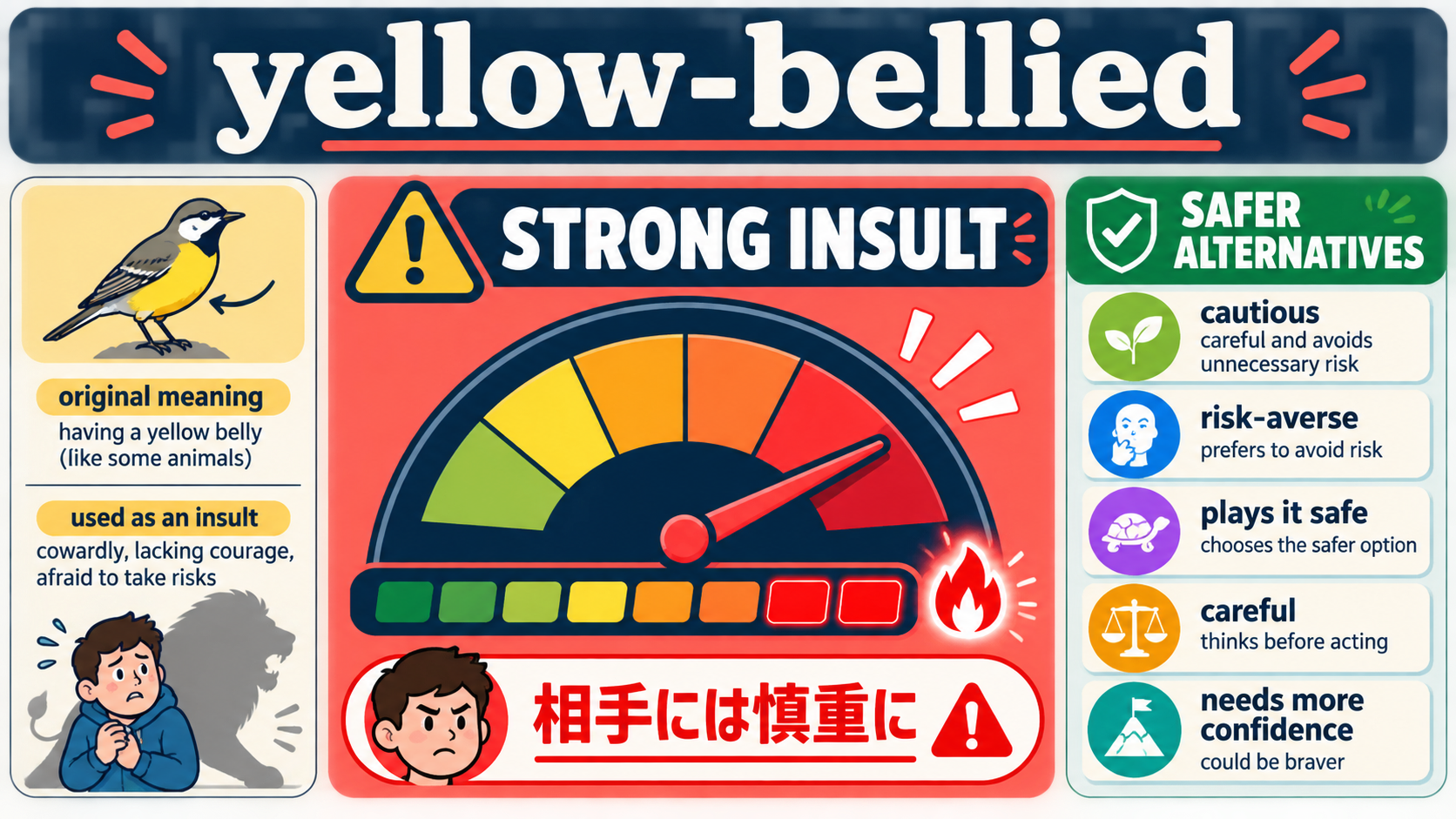 yellow-belliedの意味・語順・ニュアンスを説明する教材イラスト
