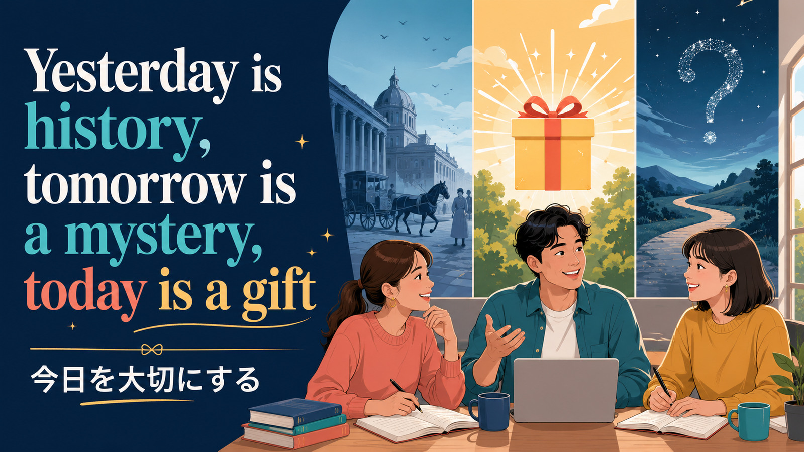 Yesterday is history, tomorrow is a mystery, today is a giftの意味・使い方を解説するアイキャッチ