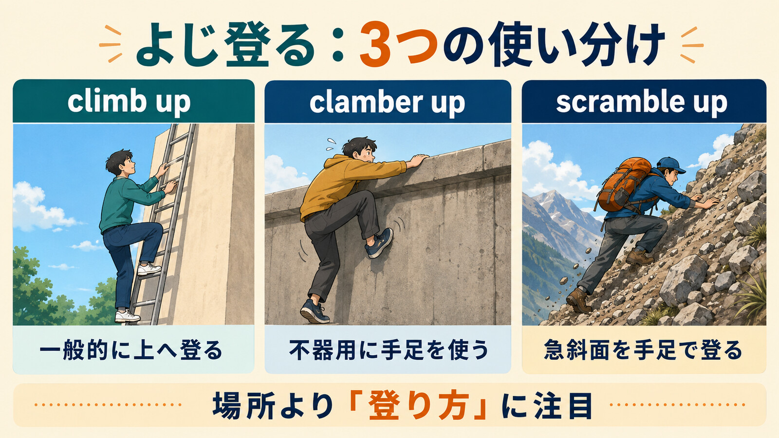 よじ登るを表すclimb up・clamber up・scramble upの違いを示す比較イラスト