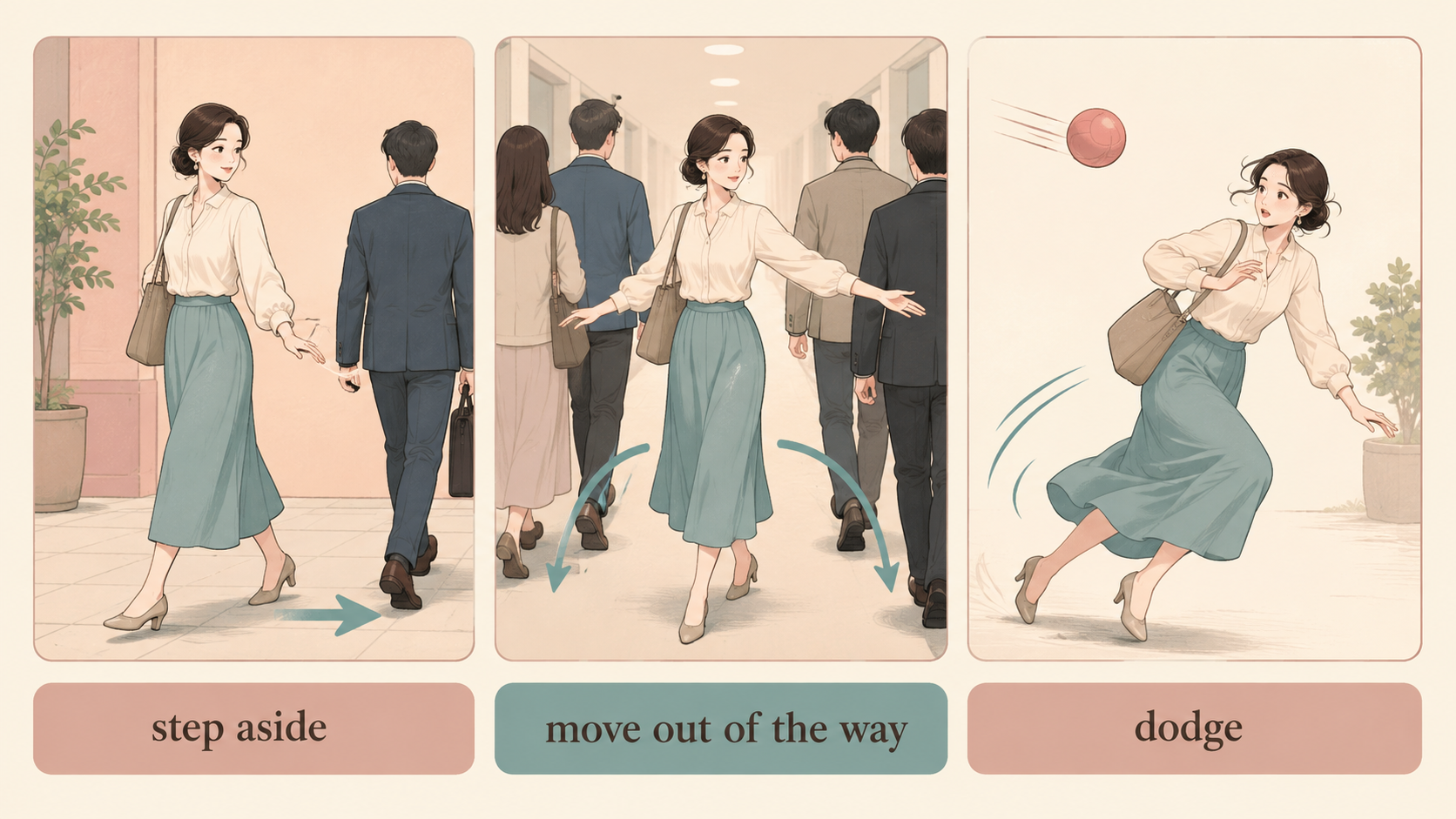 step aside・move out of the way・dodgeの違いを示す比較イラスト