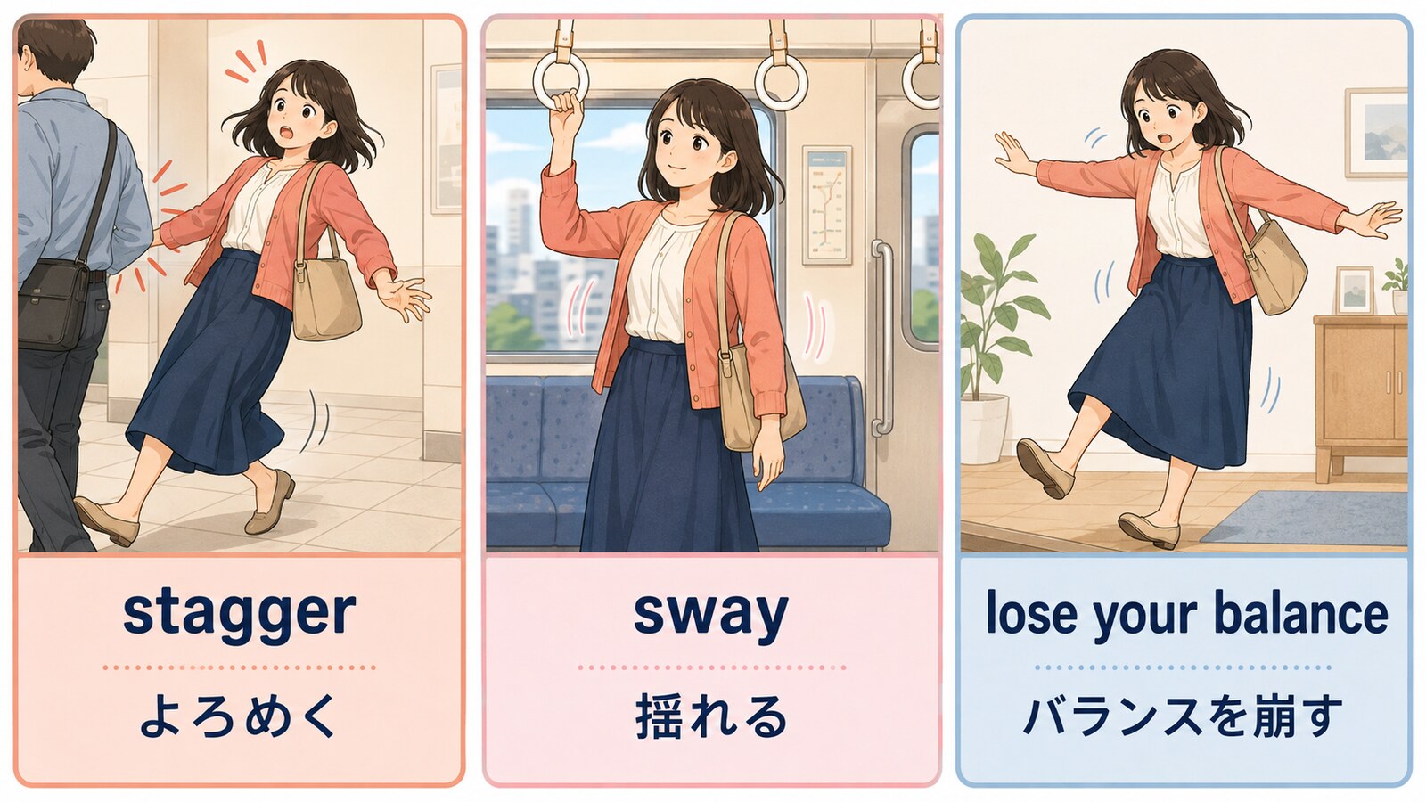 stagger・sway・lose your balanceの動きの違いを示す比較イラスト