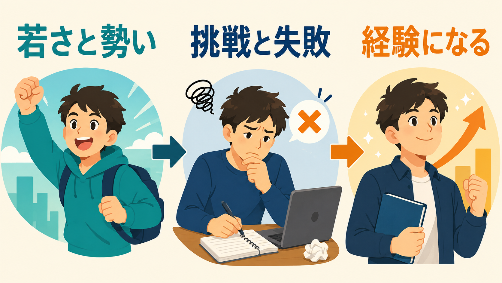 若さと勢いが挑戦と失敗を経て経験になるイラスト