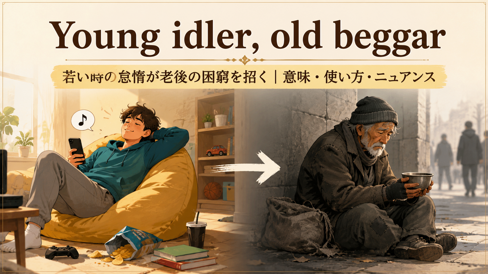 Young idler, old beggarの意味と使い方