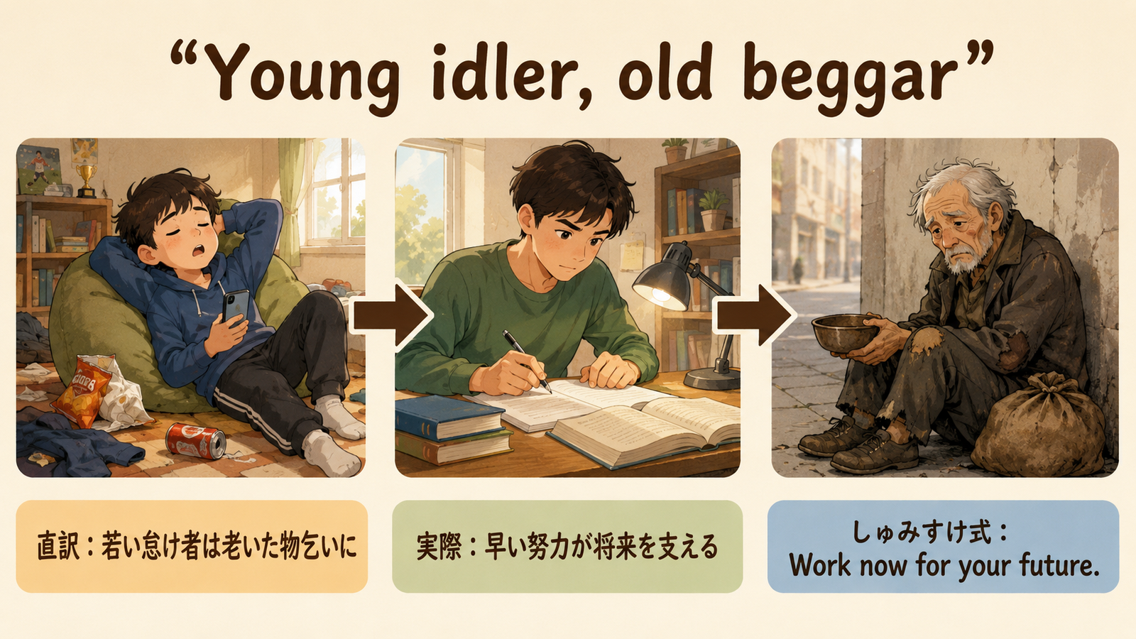 Young idler, old beggar の意味・使い方｜ニュアンスと例文を解説
