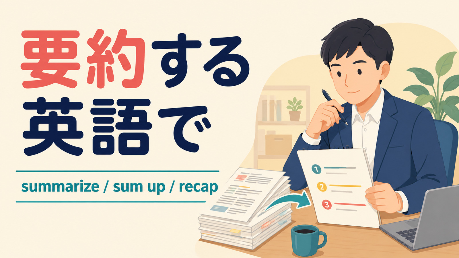 要約するを英語でどう表すかを解説するアイキャッチ
