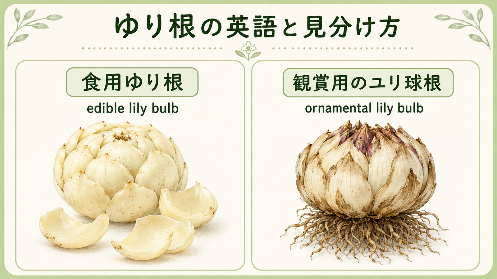 ゆり根と似た食材・植物の英語名を比較した教材イラスト