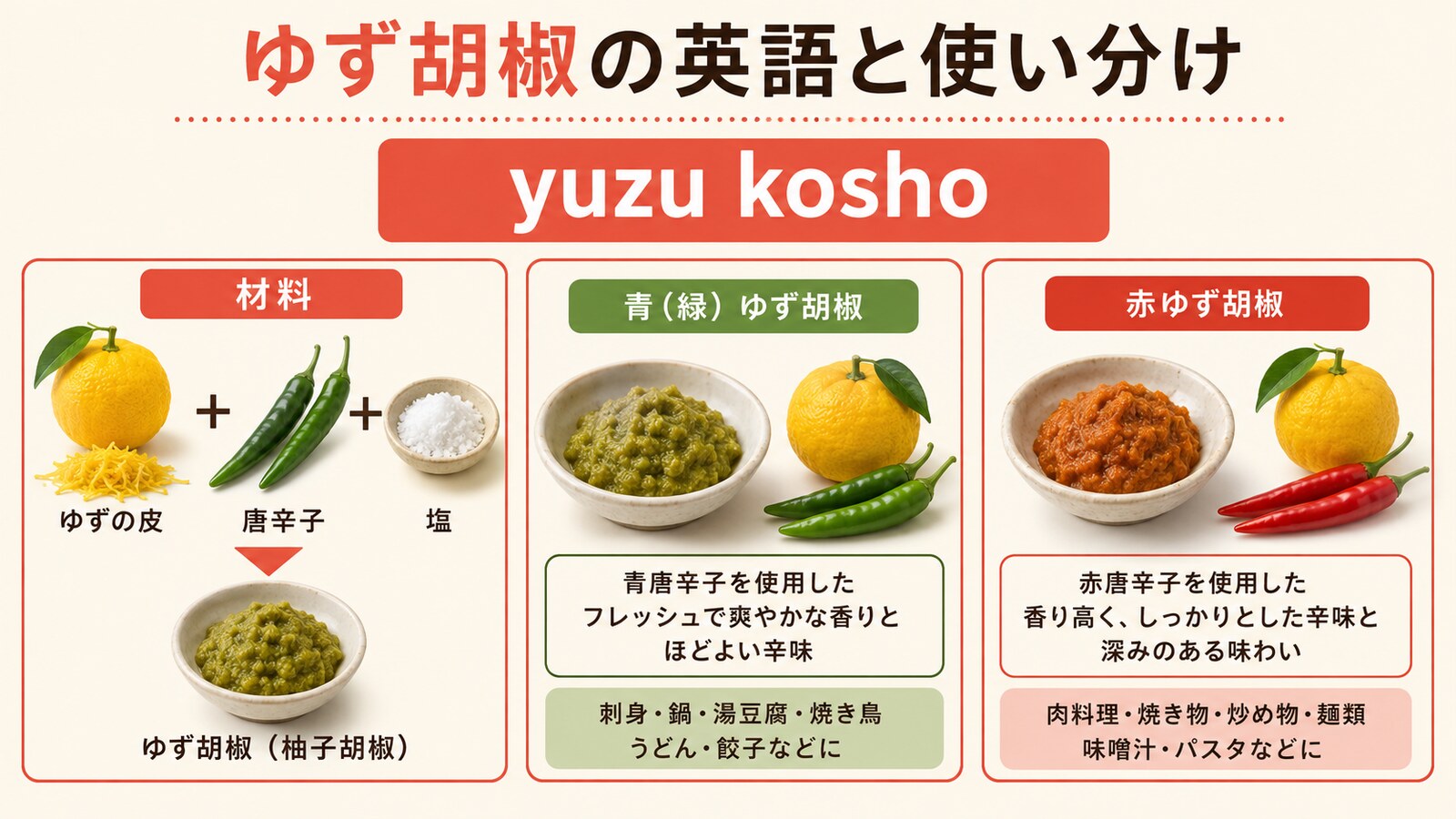 ゆず胡椒の英語名と種類の使い分けを示す解説画像