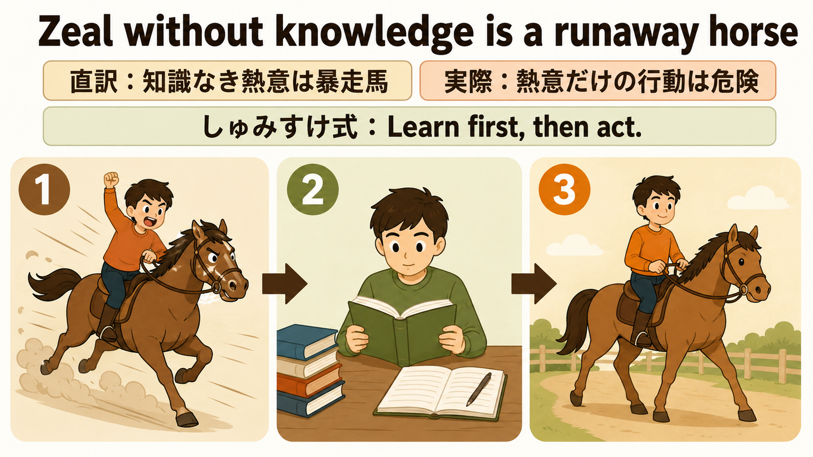 Zeal without knowledge is a runaway horse の意味・使い方｜ニュアンスと例文を解説